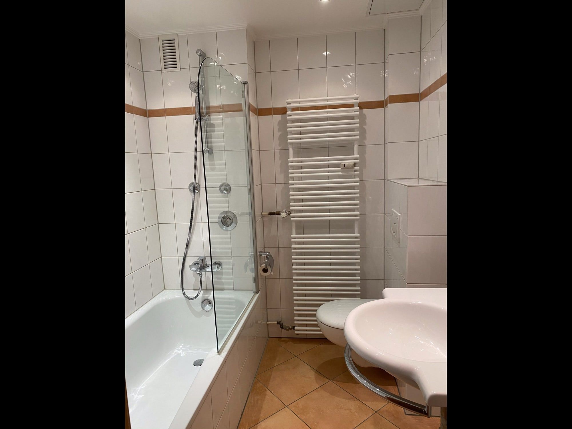 Ein modernes Badezimmer mit Badewanne, Duschabtrennung und Handtuchheizkörper.