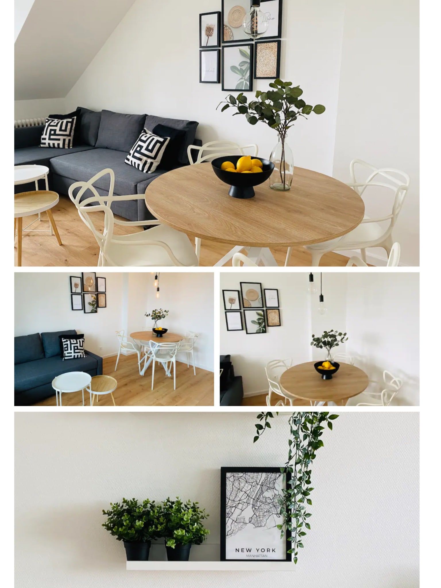 Helles Wohnzimmer mit grauem Sofa und rundem Holztisch mit weißen Stühlen