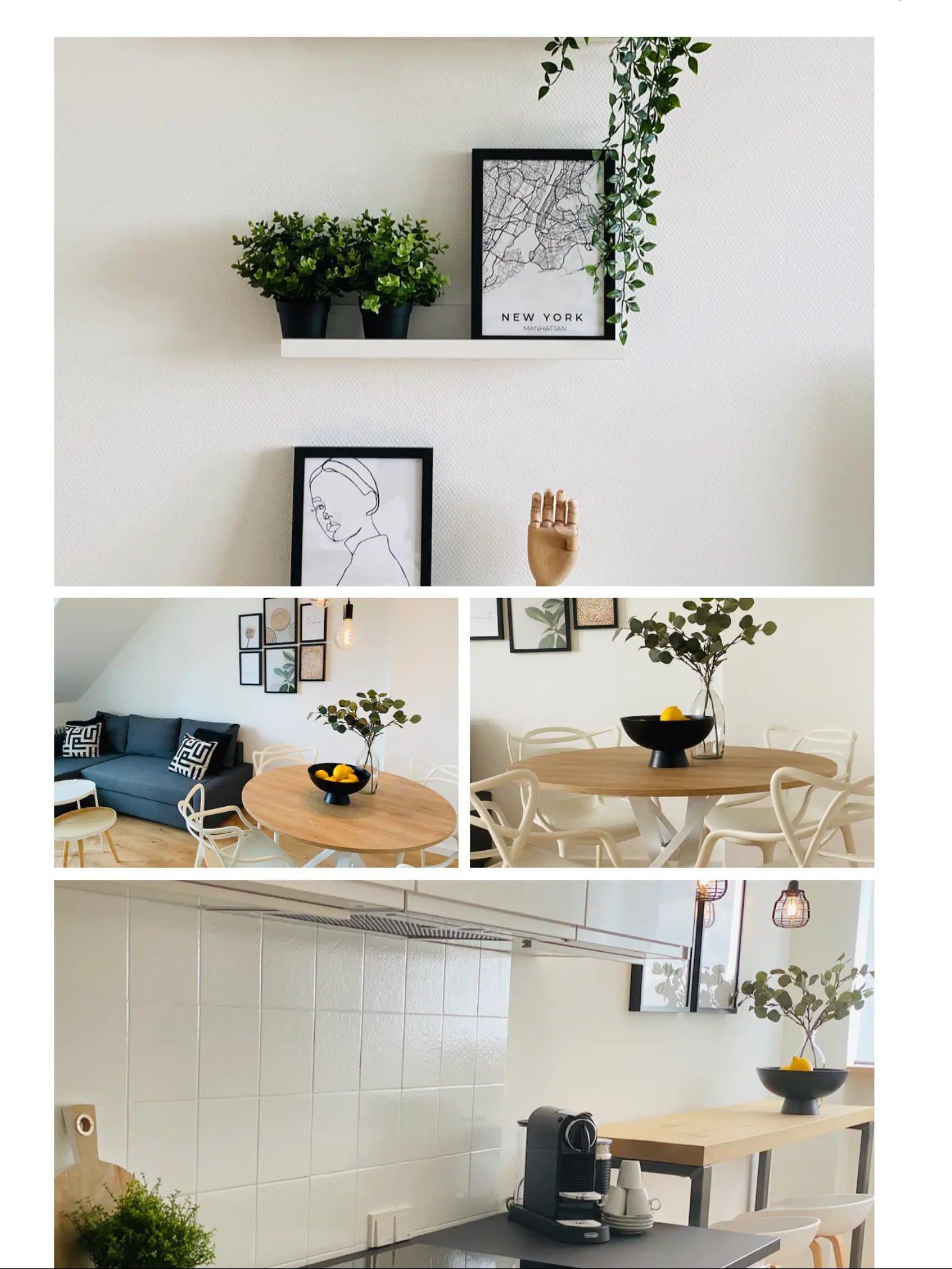 Heller Essbereich mit runden Holztisch, weißen Stühlen und Wohnzimmer mit grauem Sofa.