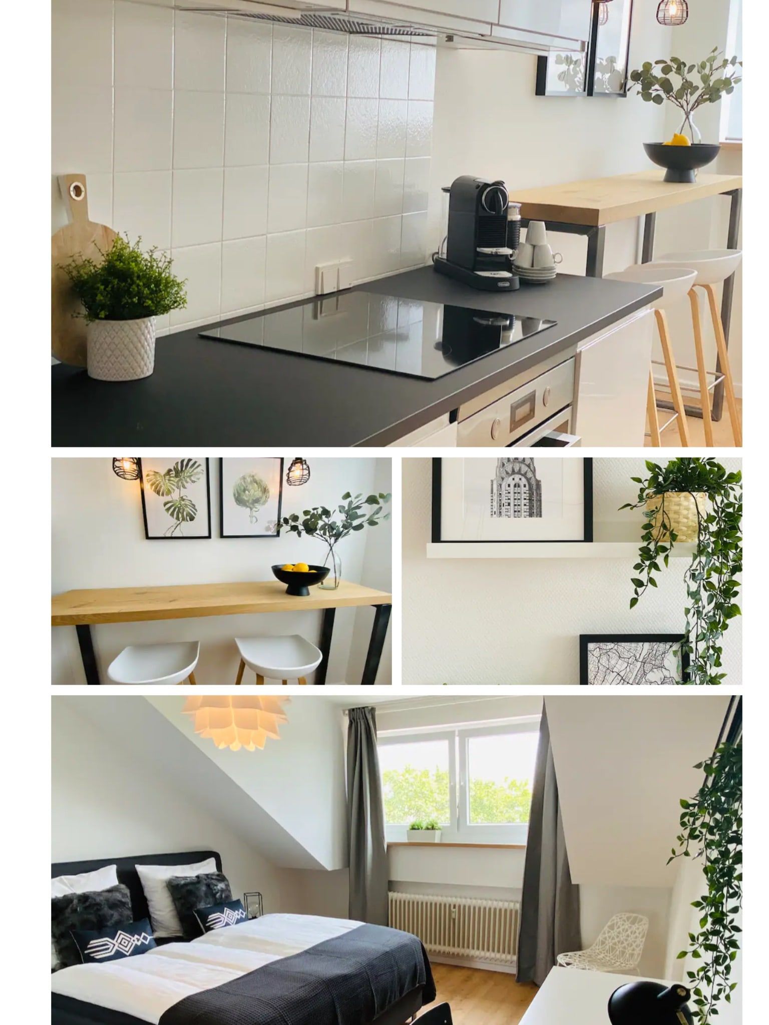 Helle und moderne Wohnung mit Küche, Essbereich und Schlafzimmer.