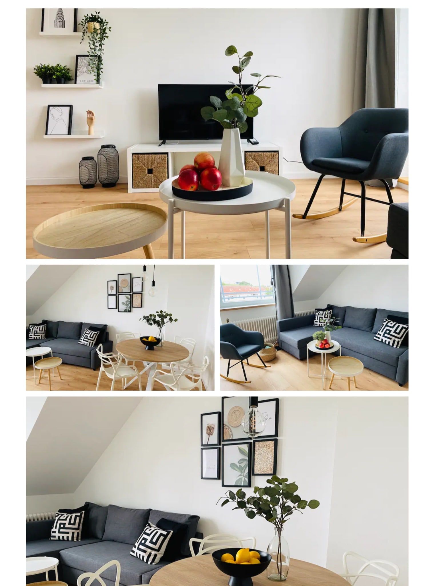Helles Wohnzimmer mit grauem Sofa und Schaukelstuhl