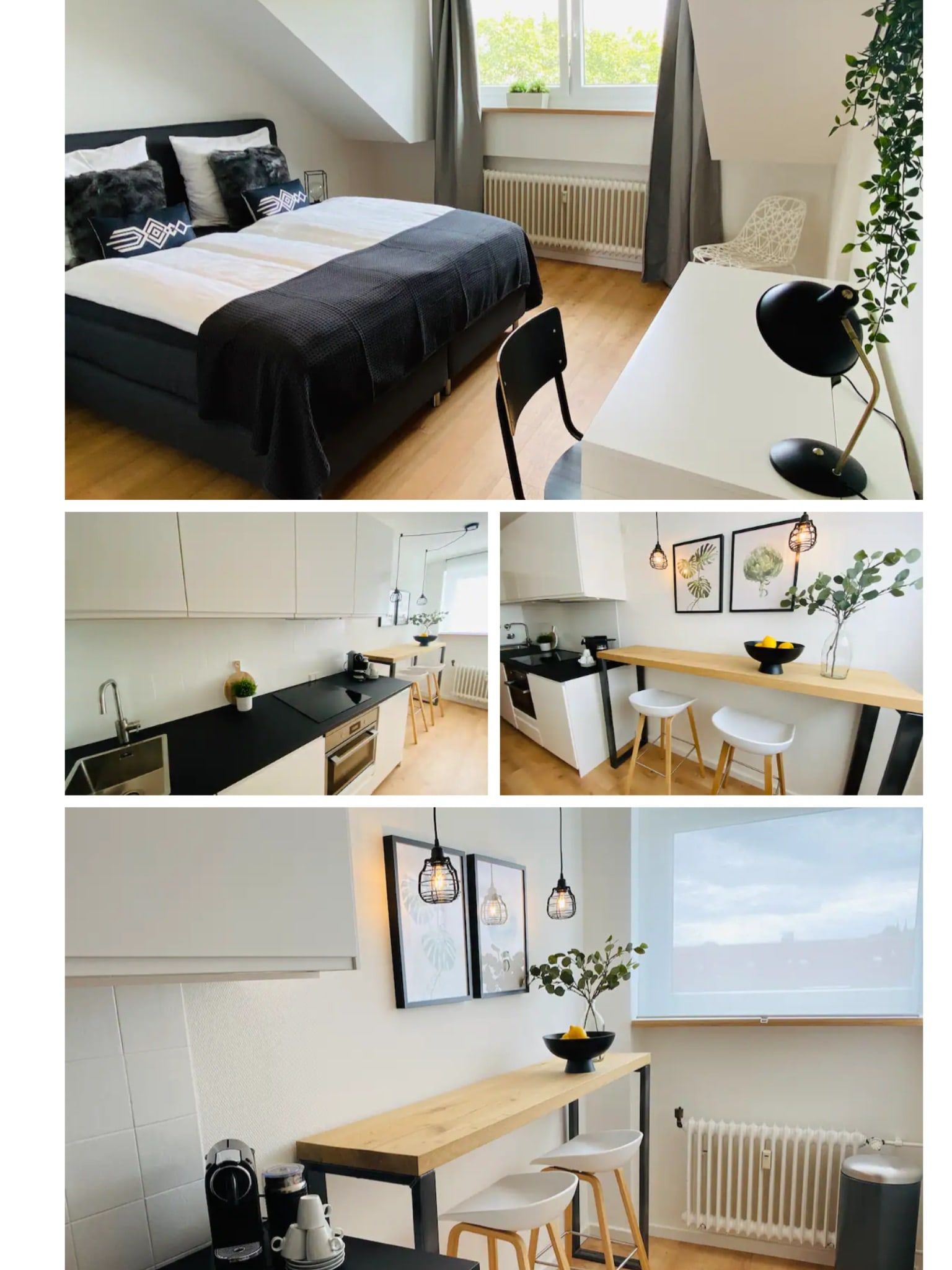 Helles Schlafzimmer und moderne Küche in einem Serviced Apartment in Köln.